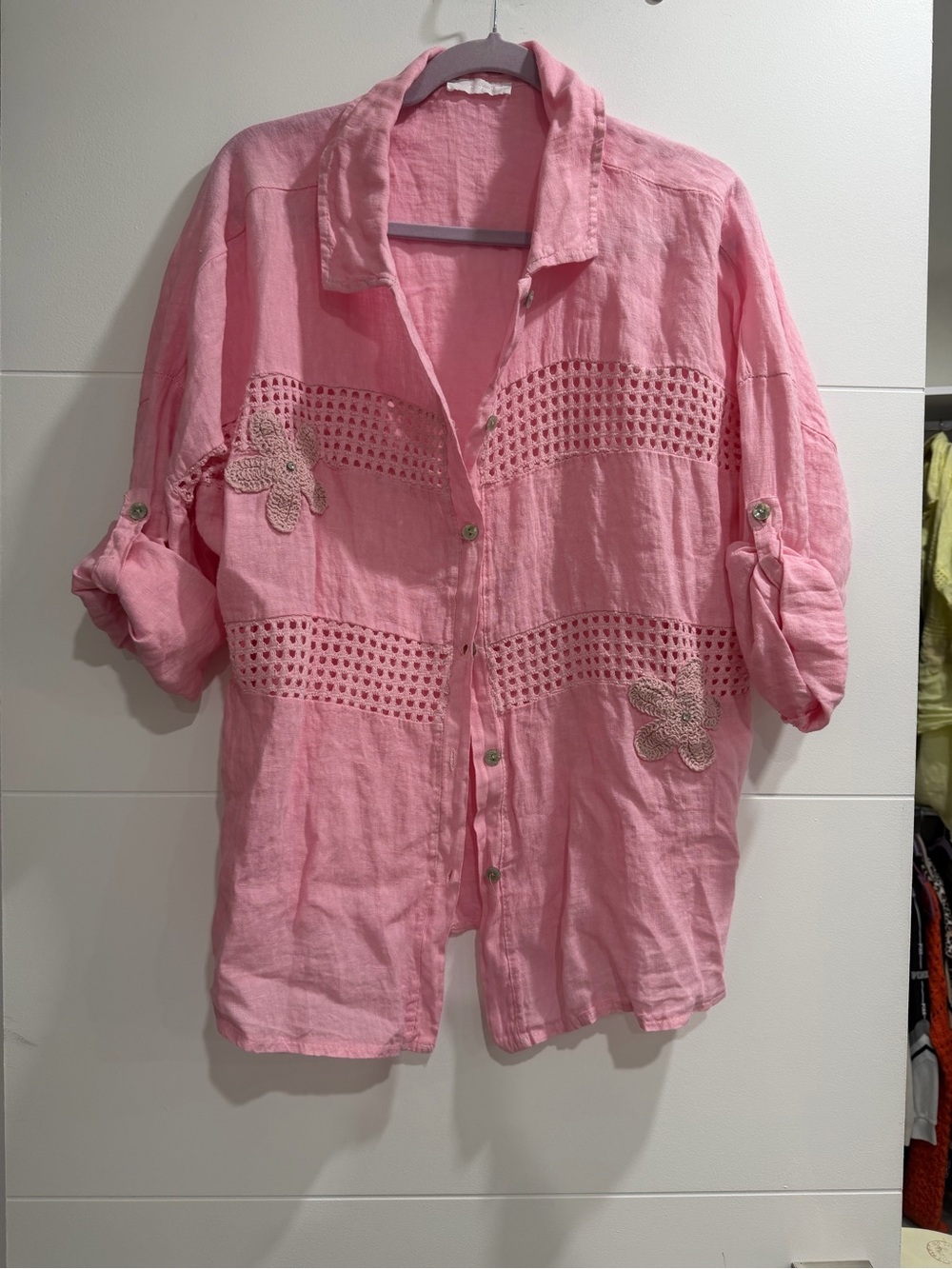 Brand New Made in Italy Pink Linen Button-Up Shirt with Crochet Details